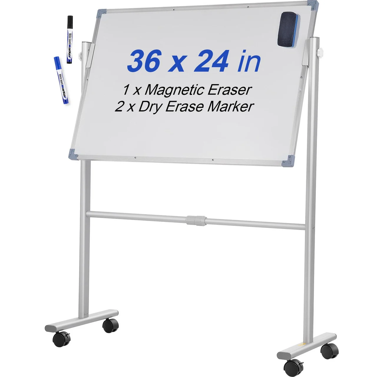 Mobile Magnetic Whiteboard, 36 x 24 Inch, Double Sided, 360 Degree Reversible Rolling Dry Erase Board, Height Adjustable with Aluminum Frame and Lockable Swivel Wheels, for Office School Home