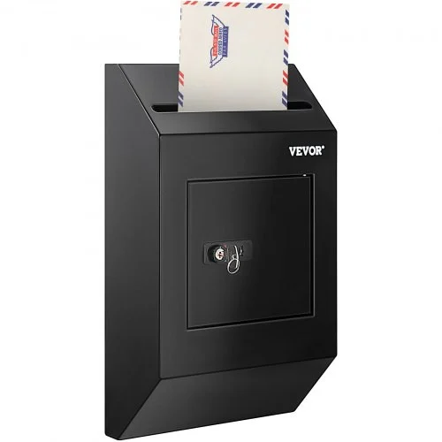 Suggestion Box, Donation Ballot Box with Key & Combination Lock, Wall Mounted Collection Box w/ Wide Drop Slot, Steel Key Drop Box for Home Office School, 16.1"x10"x3.9", Black