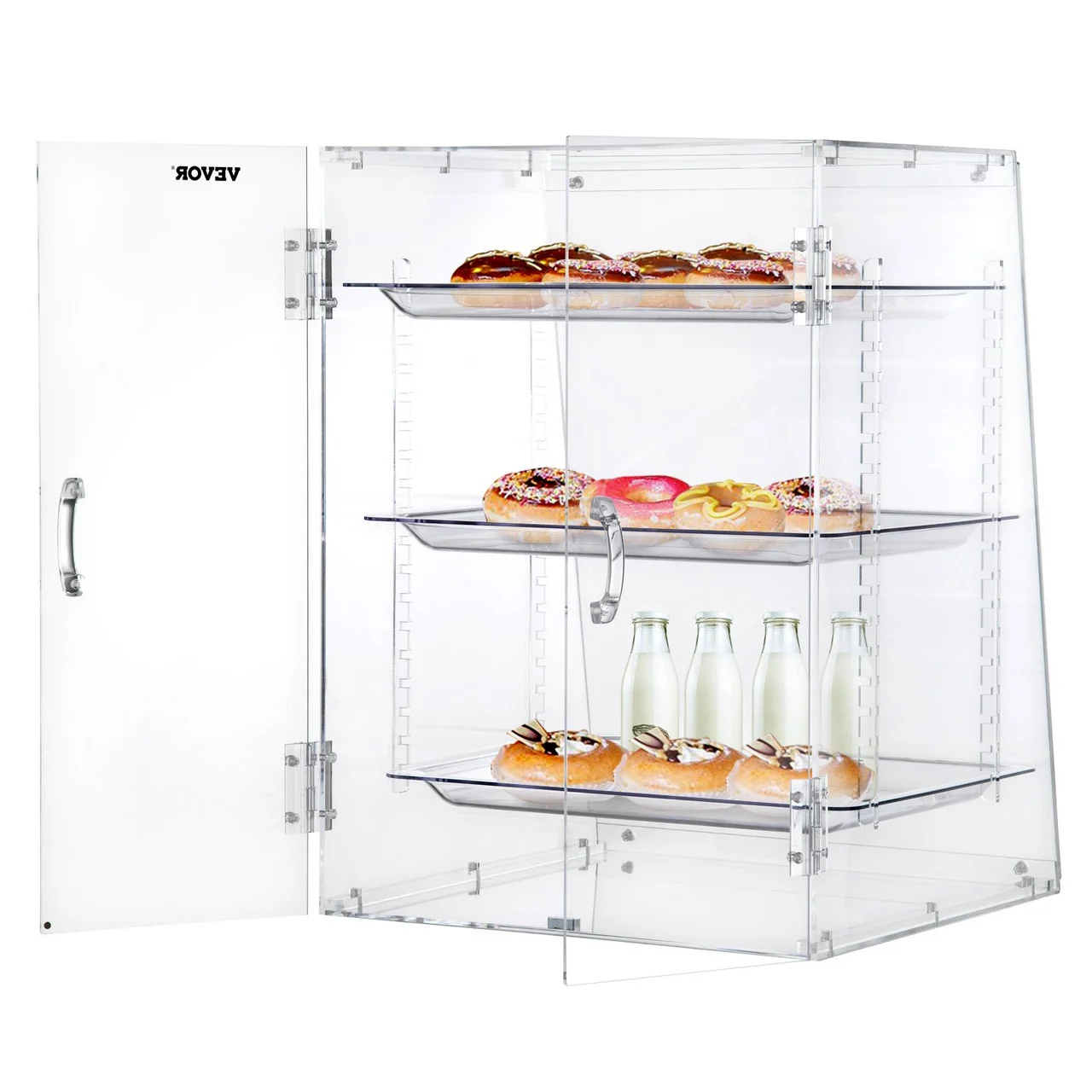 Pastry Display Case, 3-Tier Removable Shelves Bakery Display Case, Clear Acrylic 21.7" x 15.7" x 15.7" Donut Display Box w/Rear Door Access, Counter Case Keep Fresh for Donut Bagels Cake Cookie
