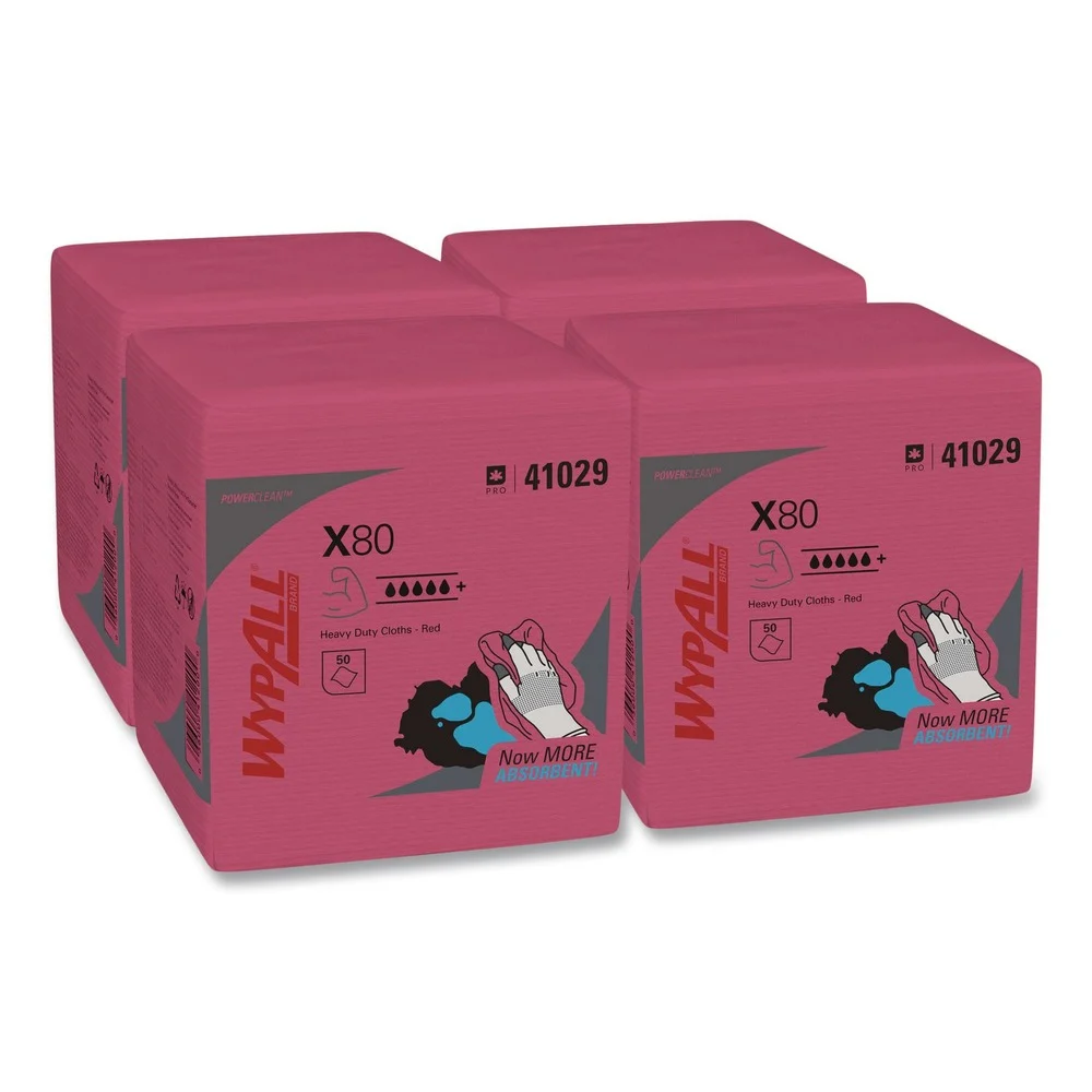 WypAll Power Clean X80 12.5 in. x 12 in. Heavy-Duty Cloths - Red (50/Box, 4 Boxes/Carton)