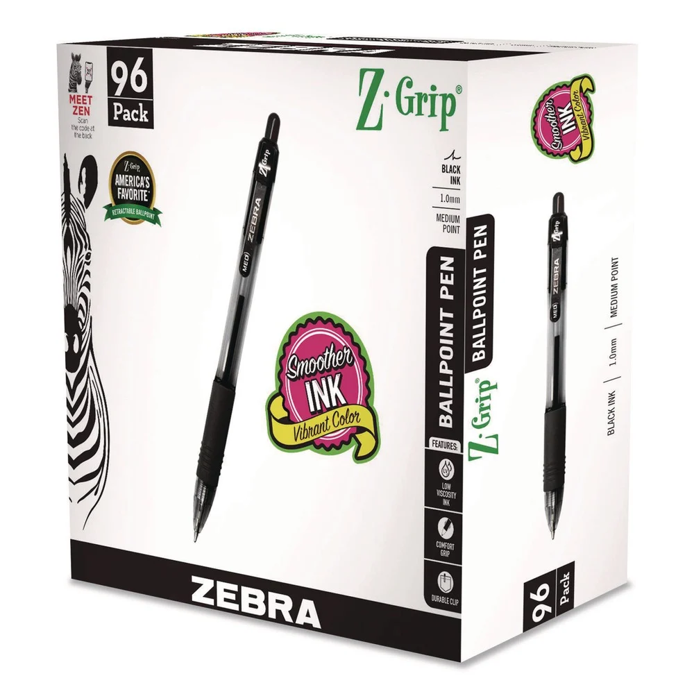 Zebra 1 mm Z-Grip Retractable Ballpoint Pen - Medium/Black Ink/Clear/Black Barrel (96/Pack)