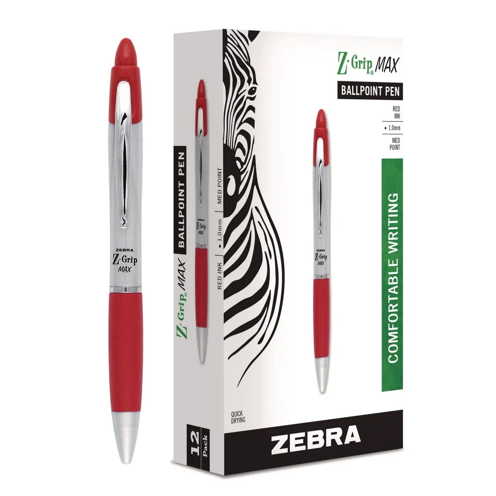 Zebra 1 mm Retractable Medium Z-Grip MAX Ballpoint Pen - Red Ink, Silver/Red Barrel (1-Dozen)