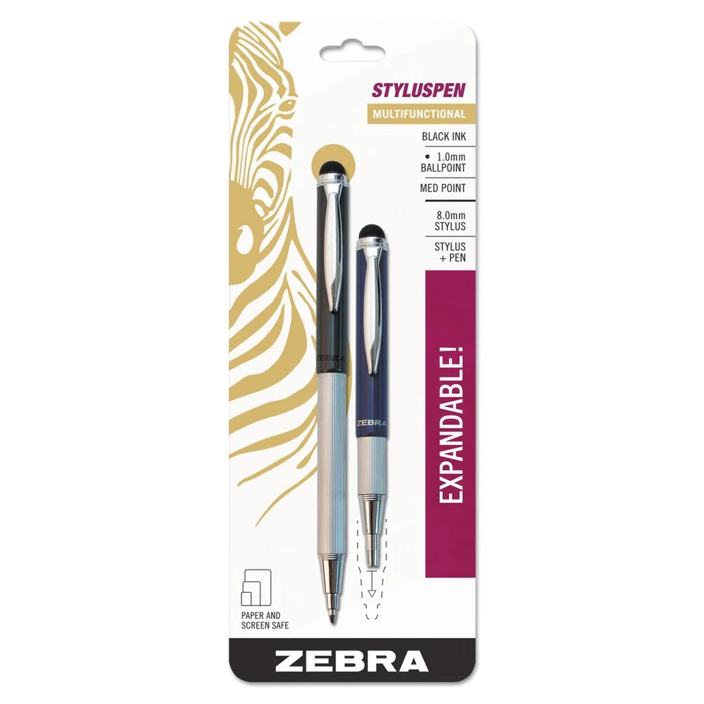 Zebra StylusPen Medium 1 millimeter Retractable Telescopic Ballpoint Pen/Stylus - Black Ink/Blue/Gray Barrel (2/Pack)