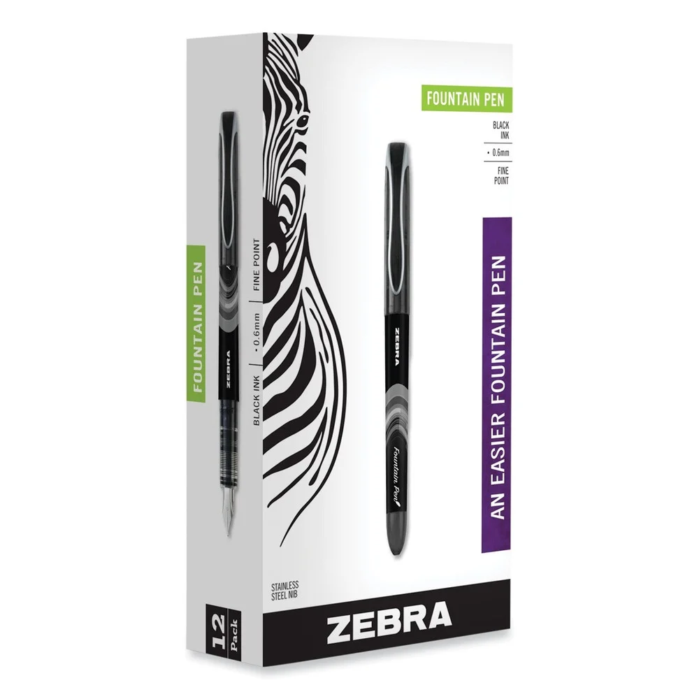 Zebra Fine 0.6 mm Fountain Pen - Black Ink, Black/Gray Barrel (1 Dozen)